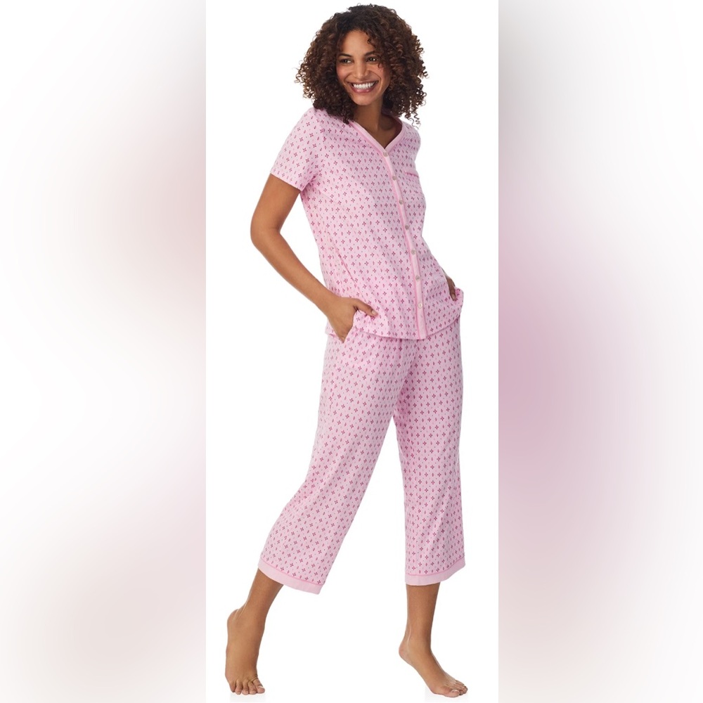 Aria Short Sleeve 100% Cotton Cropped Pajama Set with Pockets, Women’s - Picture 3 of 7